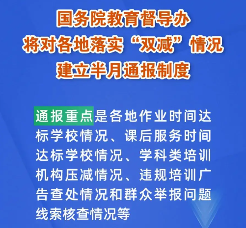 國務(wù)院教育督導(dǎo)辦將對各地落實(shí)“雙減”情況建立半月通報(bào)制度，建“雙減”曝光臺！